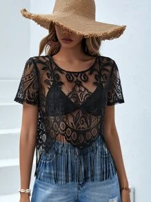 SHEIN VCAY Fringe Hem Sheer Lace Cover Up Top Without Bra - Black - View 3