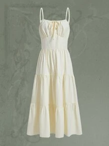 ROMWE Solid Tie Front Ruffle Hem Cami Dress - Apricot - View 1