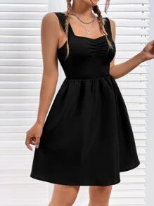 SHEIN EZwear 素色胸部褶皺吊帶洋裝 - 黑色 - 查看 3