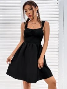 SHEIN EZwear 素色胸部褶皺吊帶洋裝 - 黑色 - 查看 5