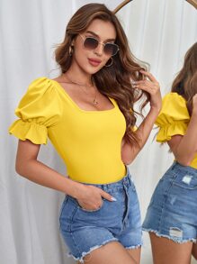 SHEIN Privé Square Neck Puff Sleeve Bodysuit - Yellow - View 6