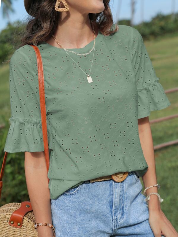SHEIN LUNE Eyelet Embroidery Flounce Sleeve Tee