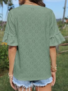 SHEIN LUNE Eyelet Embroidery Flounce Sleeve Tee - Mint Green - View 2
