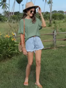 SHEIN LUNE Eyelet Embroidery Flounce Sleeve Tee - Mint Green - View 4