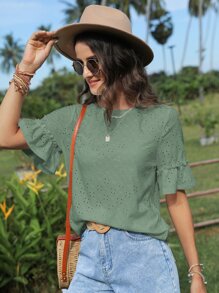 SHEIN LUNE Eyelet Embroidery Flounce Sleeve Tee - Mint Green - View 5