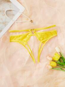 Floral Lace Cut-out Crotchless Panty - Yellow - View 1