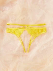 Floral Lace Cut-out Crotchless Panty - Yellow - View 2