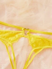Floral Lace Cut-out Crotchless Panty - Yellow - View 4