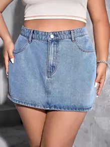 SHEIN EZwear 大碼水洗牛仔半身裙 - 淺色水洗藍 - 查看 1