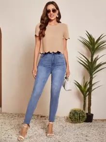 SHEIN Clasi Solid Scallop Trim Top