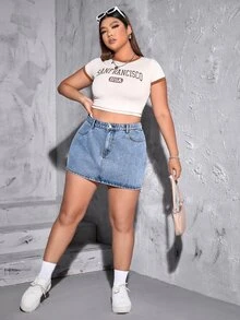 SHEIN EZwear 大碼水洗牛仔半身裙 - 淺色水洗藍 - 查看 5