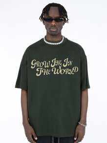 男士標語圖案落肩T恤 - 墨綠色 - 查看 1