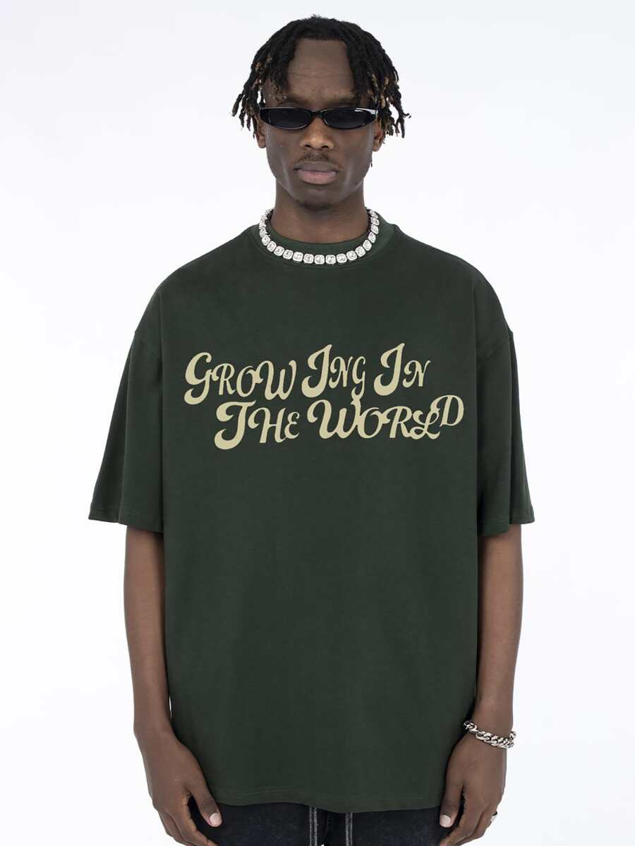男士標語圖案落肩T恤 - 墨綠色 - 查看 1