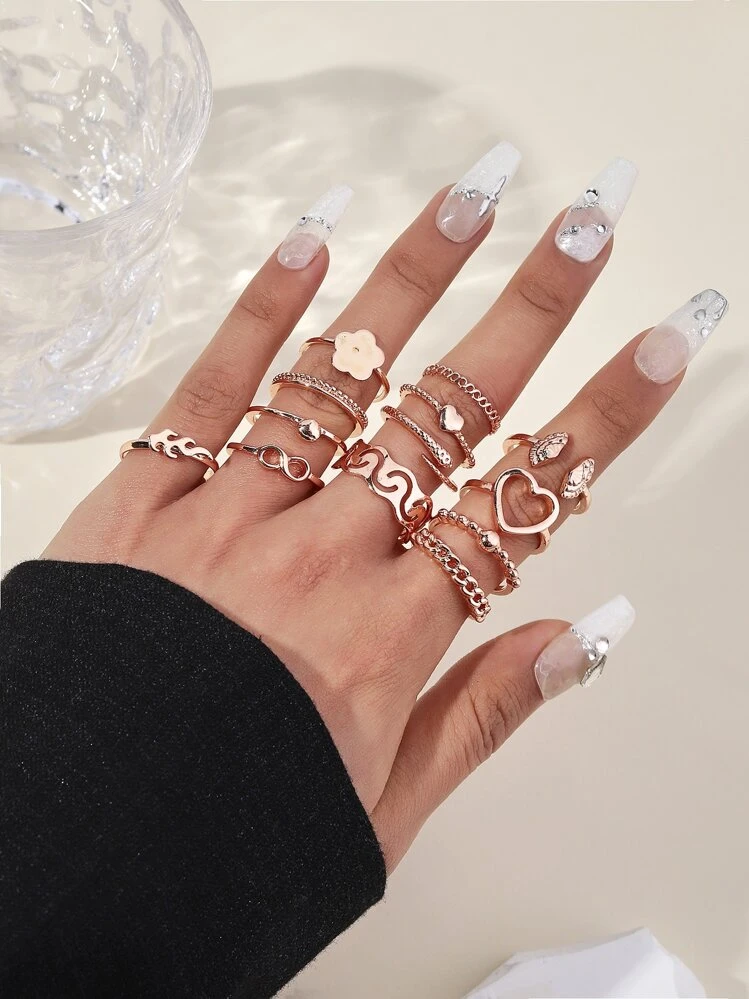 10 pièces Anneau cœur & à fleur - Or rose - Voir 1