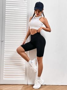 SHEIN EZwear 素色寬腰帶騎行褲