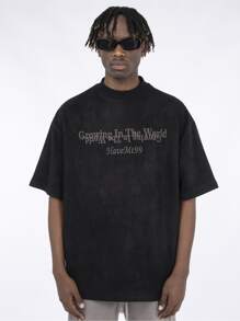 男士字母刺繡落肩T恤 - 黑色 - 查看 1