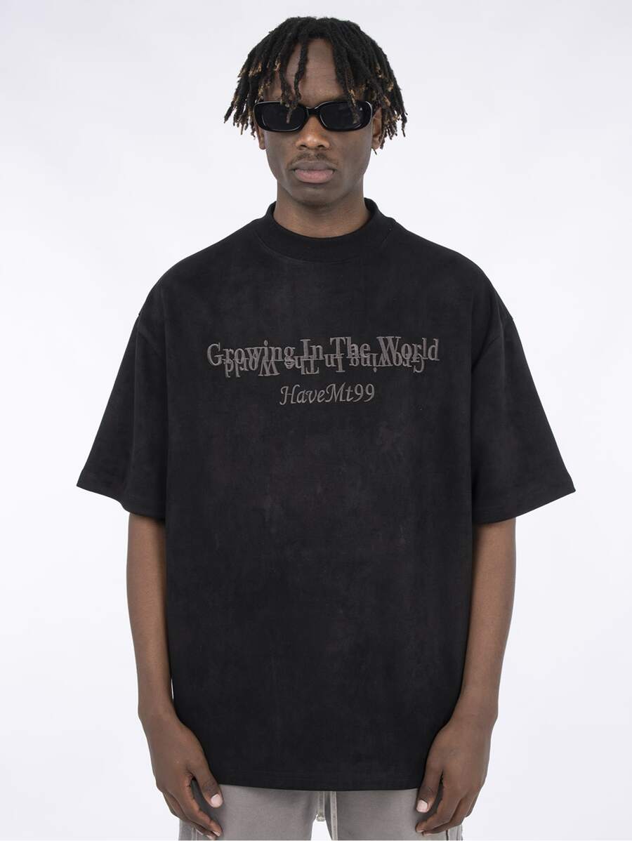 男士字母刺繡落肩T恤 - 黑色 - 查看 1