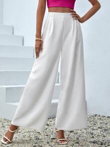 SHEIN VCAY Quần nữ Dây kéo Uốn nếp màu trơn Thanh lịch - trắng - Xem 3