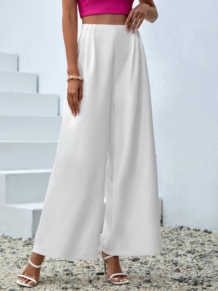 SHEIN VCAY Quần nữ Dây kéo Uốn nếp màu trơn Thanh lịch - trắng - Xem 1