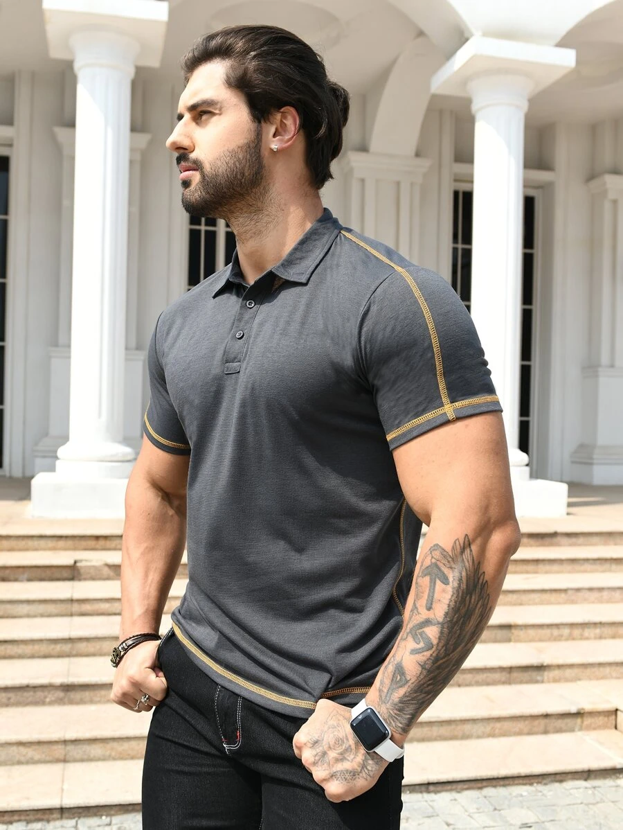 男士拼接邊POLO衫 - 深灰色 - 查看 1