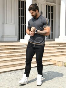 男士拼接邊POLO衫 - 深灰色 - 查看 3