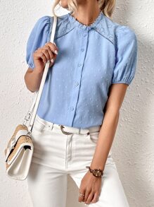 SHEIN Frenchy 圓點褶邊泡泡袖襯衫 - 淺藍色 - 查看 1