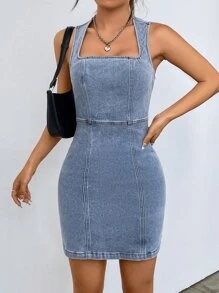 SHEIN Privé Cổ vuông Khóa kéo phía sau Đầm Denim - Rửa nhẹ - Xem 5