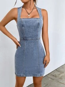 SHEIN Privé Cổ vuông Khóa kéo phía sau Đầm Denim - Rửa nhẹ - Xem 4