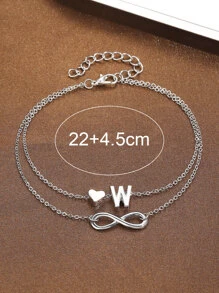 1 pieza Tobillera versátil minimalista de moda con decoración de corazón, letra, símbolo del infinito de doble capa, estilo casual nuevo adecuado para mujeres para uso diario, fiestas, banquetes, citas, como regalo