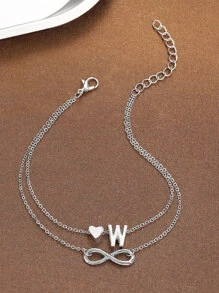 1 pieza Tobillera versátil minimalista de moda con decoración de corazón, letra, símbolo del infinito de doble capa, estilo casual nuevo adecuado para mujeres para uso diario, fiestas, banquetes, citas, como regalo