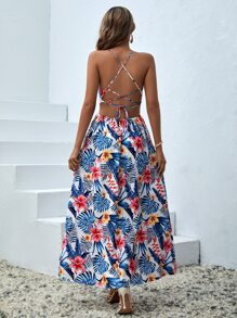 SHEIN VCAY Tropical Print Lace Up Backless Split Thigh Cami Dress - Multicolor - View 3