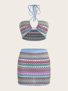 SHEIN ICON Geo Print Halter Top & Bodycon Skirt - Baby Blue - View 1