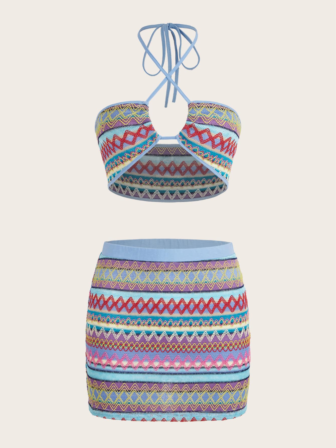 SHEIN ICON Geo Print Halter Top & Bodycon Skirt - Baby Blue - View 1