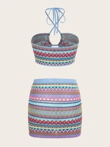 SHEIN ICON Geo Print Halter Top & Bodycon Skirt - Baby Blue - View 2