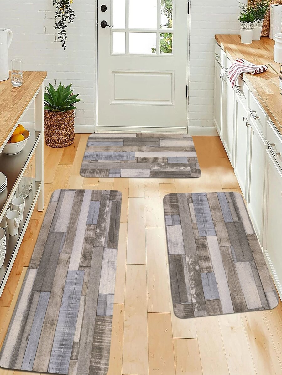 1 pieza Alfombra de cocina con patrón de madera cocina poliéster anti deslizante para cocina - Multicolor - Ver 1