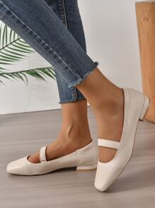 Mujer Zapatillas planas de punta cuadrada elegante - Beis - Ver 2