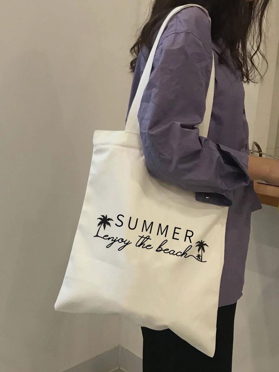 Letter Graphic Shopper Bag Small For Shopping - Beige - View 1