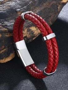Men Minimalist Braided Bracelet - Red - View 1