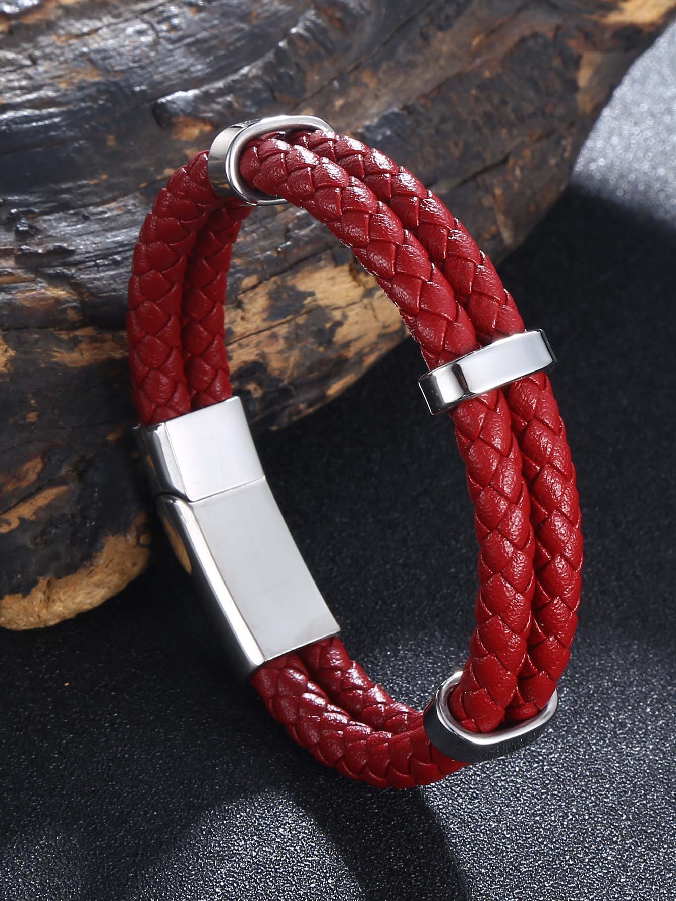 Men Minimalist Braided Bracelet - Red - View 1