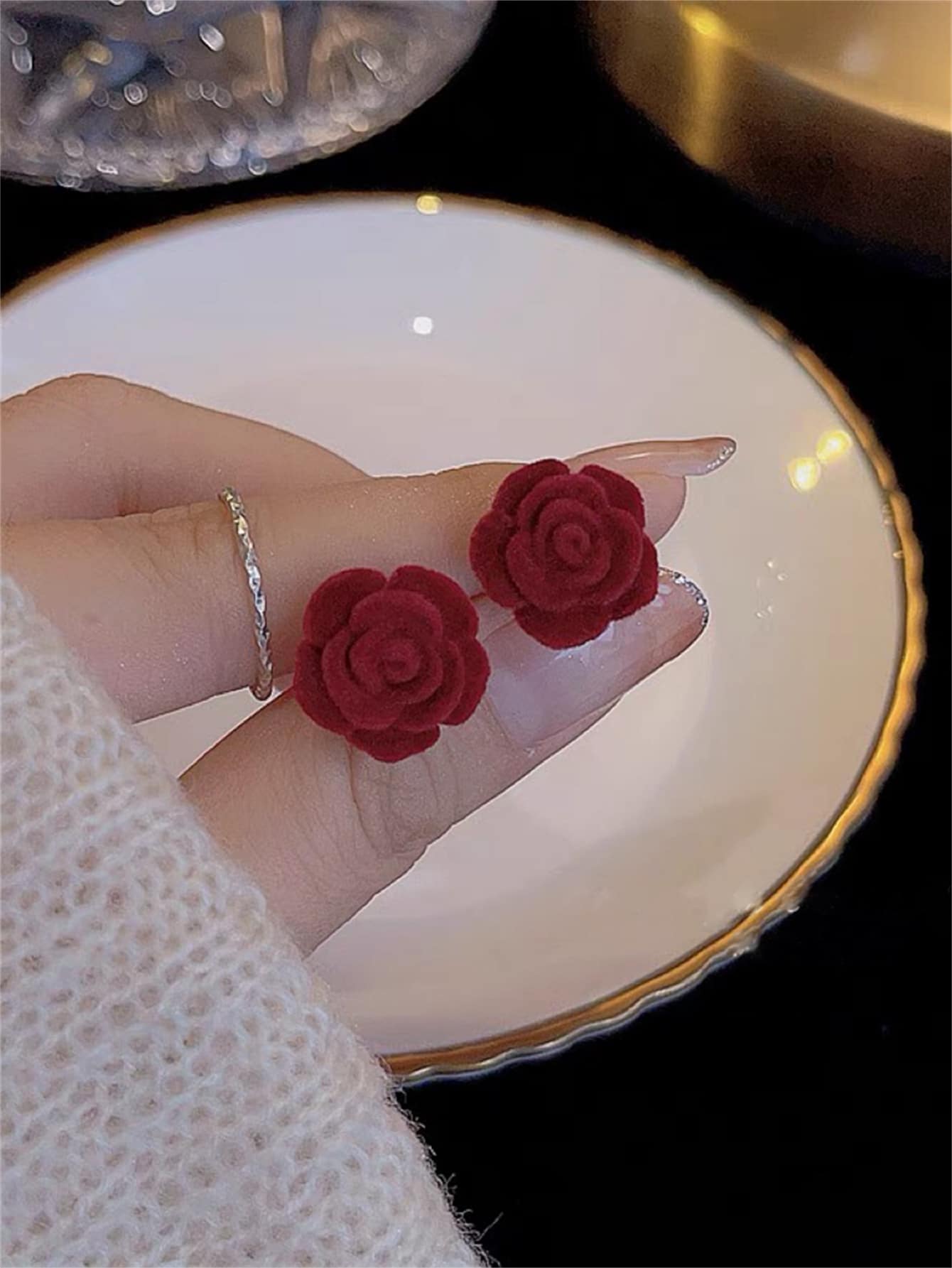 花耳釘 - 酒紅色 - 查看 1