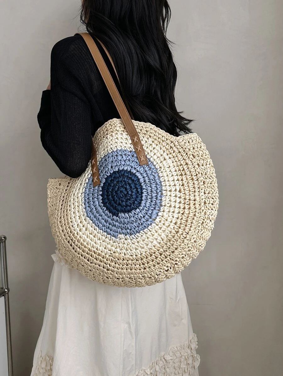 Colourblock Straw Bag For Beach Vacation Travel - Multicolor - View 1