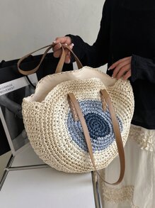 Colourblock Straw Bag For Beach Vacation Travel - Multicolor - View 4