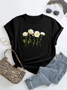 SHEIN LUNE Plus Floral Print Tee - Black - View 1
