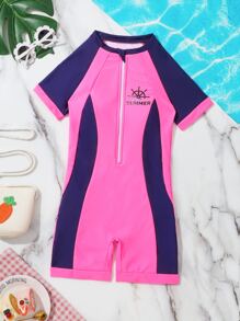 Chicas Bañador una pieza con estampado de letra con cremallera delantera - Multicolor - Ver 1