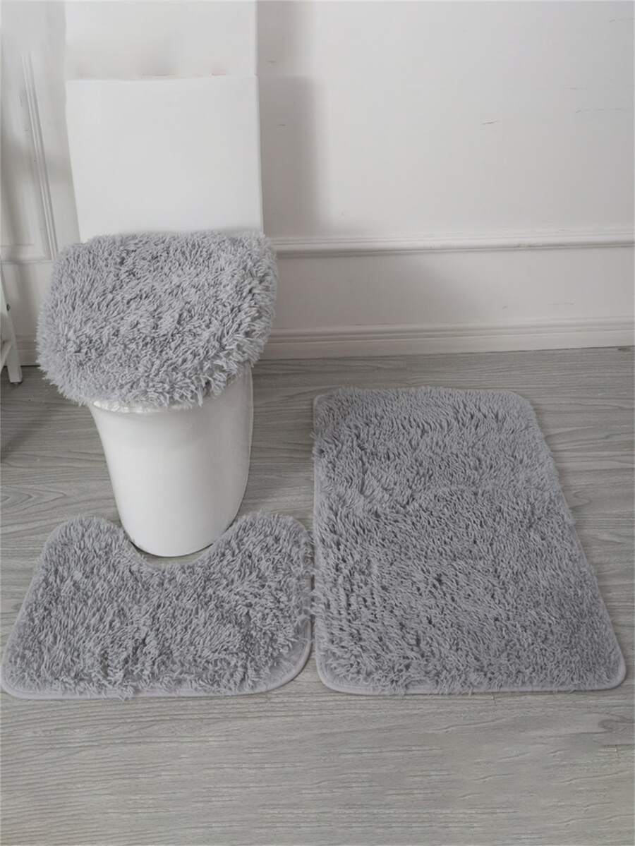 3 cái/bộ Thảm tắm mờ chắc chắn, Thảm tắm chống trượt Polyester tối giản cho phòng tắm - Xám - Xem 1