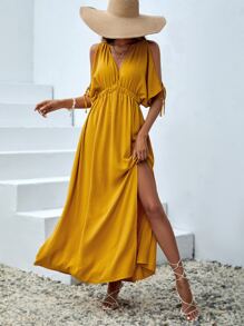 SHEIN VCAY Đầm Lộ Lưng Thắt nút Tách cao màu trơn Giải trí - Màu Mù tạt vàng - Xem 1