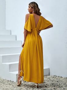 SHEIN VCAY Đầm Lộ Lưng Thắt nút Tách cao màu trơn Giải trí - Màu Mù tạt vàng - Xem 2