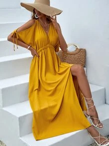 SHEIN VCAY Đầm Lộ Lưng Thắt nút Tách cao màu trơn Giải trí - Màu Mù tạt vàng - Xem 4