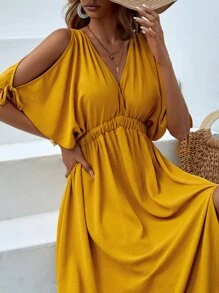 SHEIN VCAY Đầm Lộ Lưng Thắt nút Tách cao màu trơn Giải trí - Màu Mù tạt vàng - Xem 5