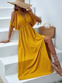 SHEIN VCAY Đầm Lộ Lưng Thắt nút Tách cao màu trơn Giải trí - Màu Mù tạt vàng - Xem 6